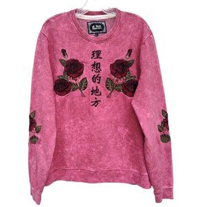 BLIND ROOSTER “Ideal Place” Asian Red Rose Embroidered Sweatshirt Size L